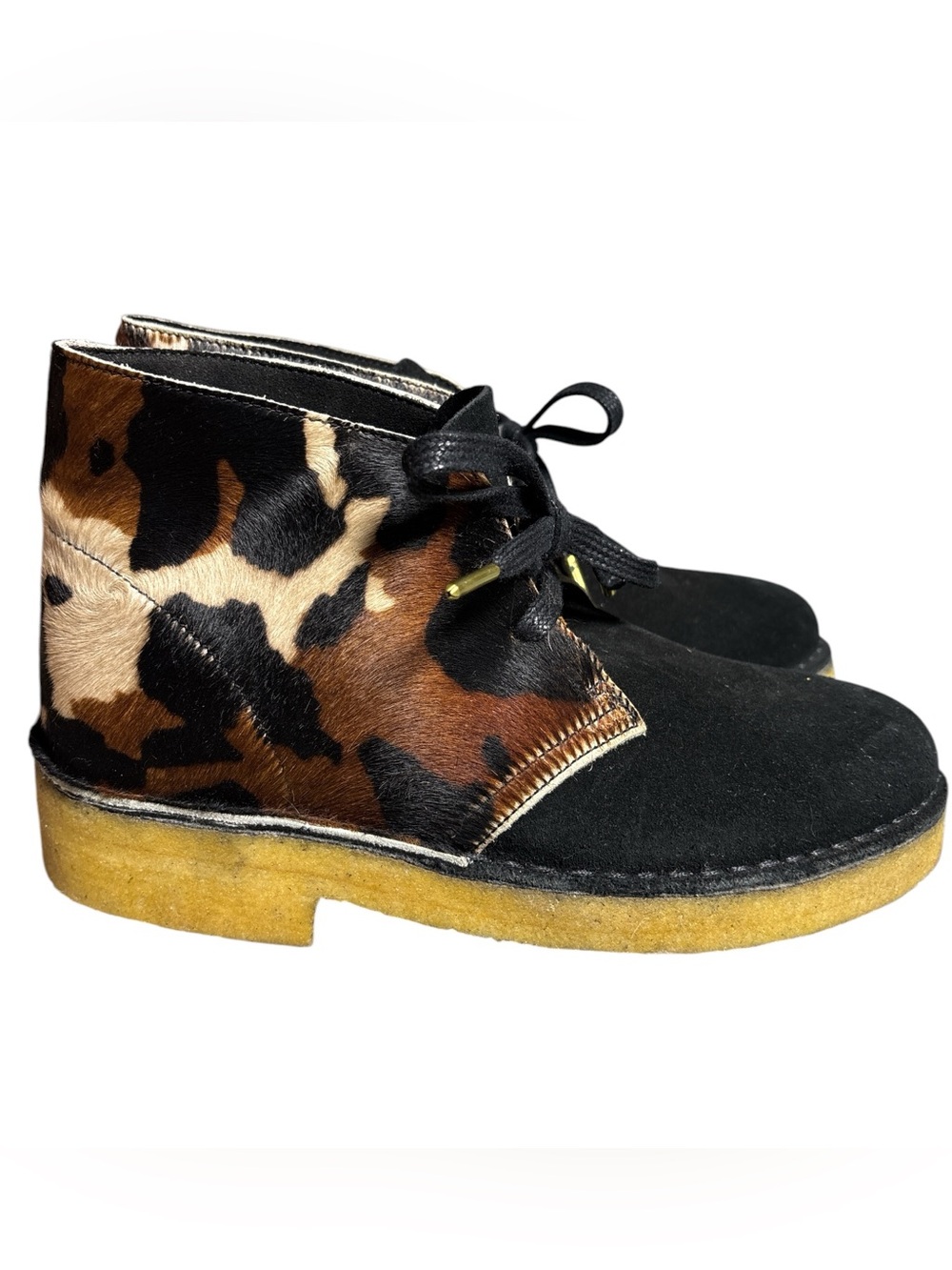 Clark’s Originals Women’s Desert Boot 221  Cow Print Pony Hair and Suede Crepe